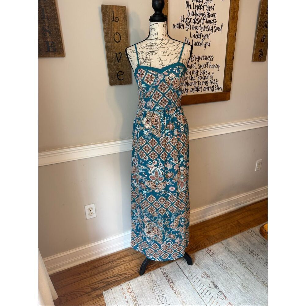 Xhilaration Women’s Smocked Back Lined Floral Boho Maxi Dress Blue Brown Medium